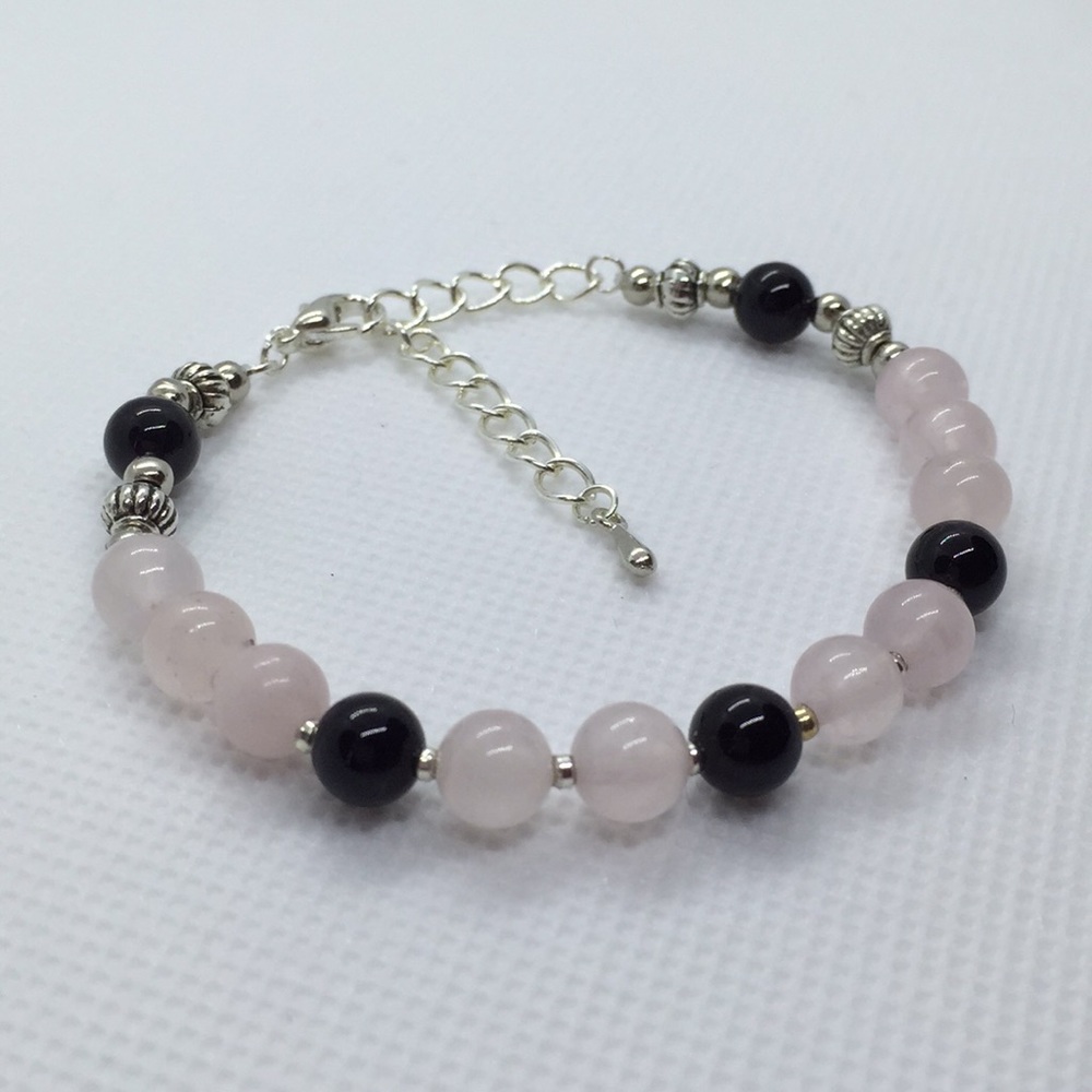 Beautiful Rose Quartz and Onyx Silver Bracelet